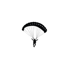 Skydiver flying with parachute silhouette on white background