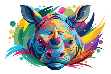 Colorful artistic rhinoceros face   colorful paint splatters on white background.