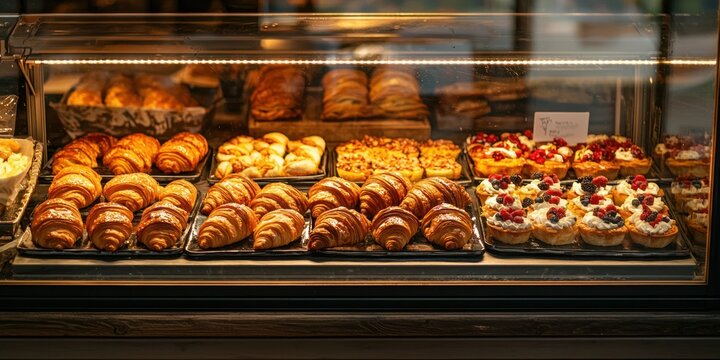 A glass bakery display case filled with neatly arranged croissants, danishes, and fruit tarts, illuminated by warm lighting