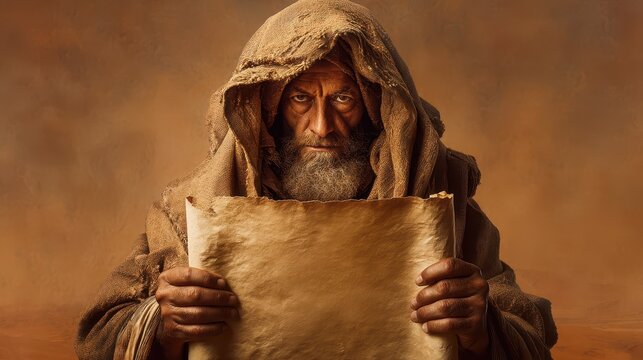 In this full-body shot, the prophet Isaiah stands with an open scroll, his expression serious and focused, set against a warm, earthy backdrop that enhances the scene's depth and intensity