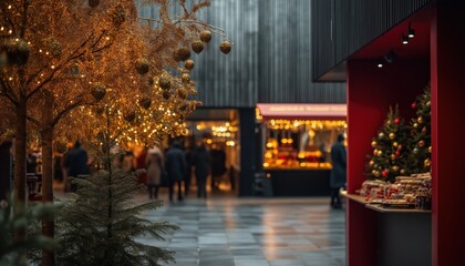 Illuminated Golden Trees at Christmas Market in Urban Evening Scene