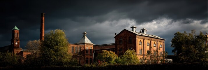 Obraz premium A historic brick factory featuring tall smokestacks stands against a moody sky, surrounded by lush greenery. This site reflects industrial heritage and architectural significance