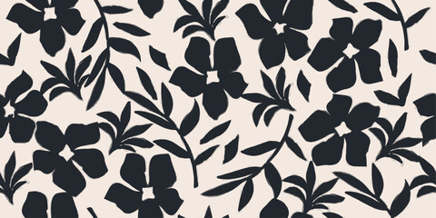 Black and white abstract hand drawn flowers, floral seamless pattern with flowers for fabric, textile, apparel, poster, cover, banner, wall art, background. Vector illustration.