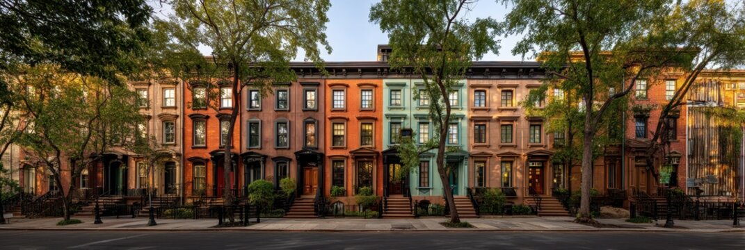 Charming brownstone row houses in various colors display intricate architectural details along a quiet city street. Lush trees provide shade as the golden hour casts a warm light