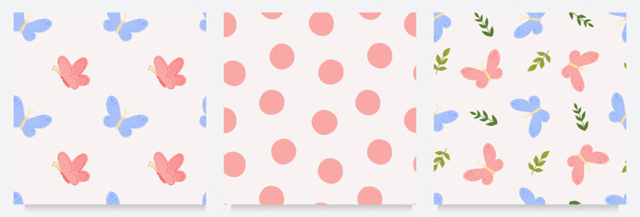 Set of seamless vector patterns with butterflies polka dots and leaves in pastel retro style. Perfect for kids products fabric design packaging and nursery decor.