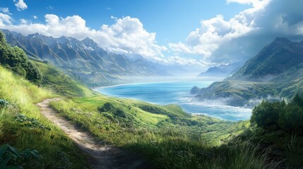 Fototapeta premium Mountain lake scenic path, sunny day, clouds. Travel poster