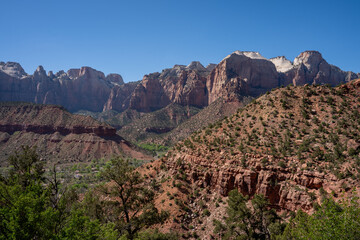 View of colorful rocks in Zion National Park during the summer. Watchman Trail. Utah, USA.	