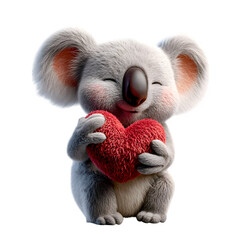 Koala plush toy hugging heart isolated on transparent background