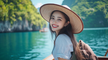 A happy young woman wearing an Asian hat, enjoying her time on a boat at the serene lake, soaking in the peaceful surroundings.