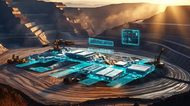 High-tech mining site with digital overlays of machines and equipment in a futuristic landscape with illuminated data, aerial view.

