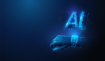 Lowpoly Smart Watch With Artificial Intelligence Assistant. Abstract vector illustration on futuristic wearable hardware equipped with AI technology concept by wireframe mesh on blue background