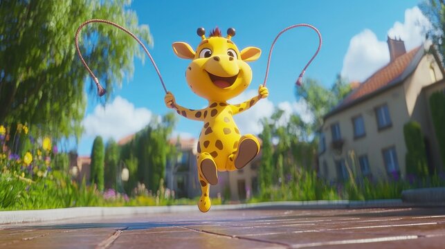 Animated giraffe jumping rope in sunny garden town