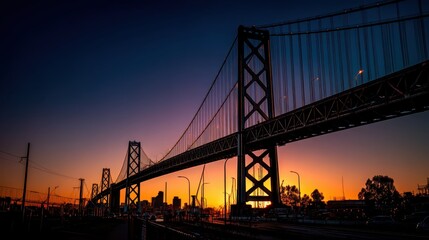 Fototapeta premium Suspension bridge stands tall as the sun sets, casting warm hues across the horizon. The city skyline is visible, adding to the tranquil evening atmosphere