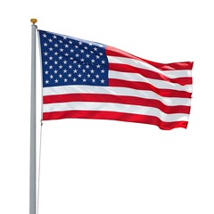 Fototapeta premium Waving american flag on a pole with stars and stripes isolated on white background