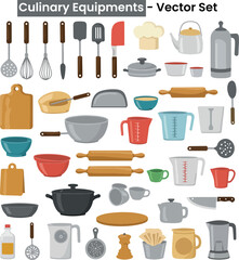 A detailed vector illustration of a diverse collection of culinary equipment, isolated on a white background