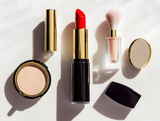 Elegant makeup set featuring red lipstick, compact powder, and brush with golden accents arranged on a white surface under natural light. A high-end beauty flat lay created with AI-generated styling. 