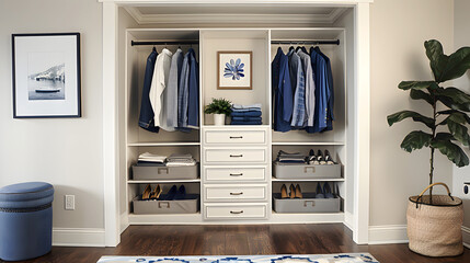 Minimalist Closet with Blue Clothing and Storage Bins