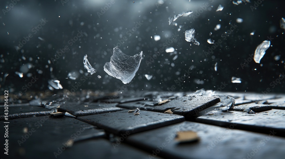 Poster destructive hailstorm with cracked tiles and falling iceballs on roof