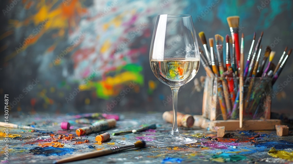 Poster elegant scene showing a glass of wine next to artistic tools and colorful paint smears in background