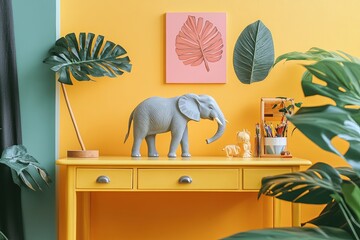 Pastel yellow desk with cop space elephant figure