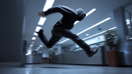 In a darkened bank interior, a masked individual leaps over the counter, attempting to evade security as the robbery unfolds late at night in an urban area