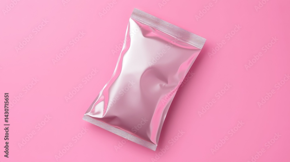 Poster flat-lay view of sealed foil pouch, clean background for product design