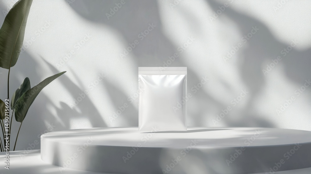 Poster floating white foil pouch mockup with subtle shadows on gray surface