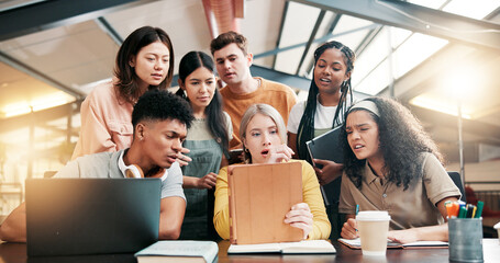 Group, shocked or students on tablet in library for education results or university application....