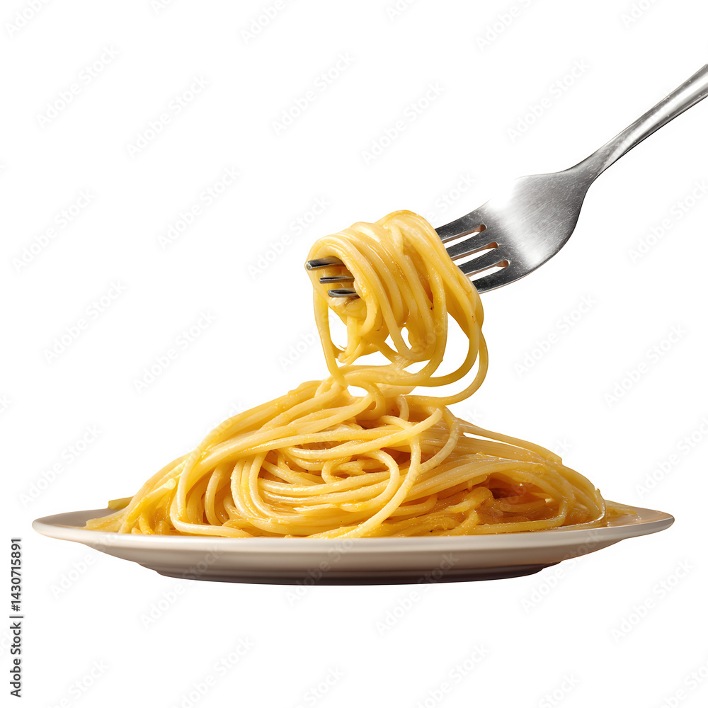 Poster plate of spaghetti twirled around fork isolated on transparent background