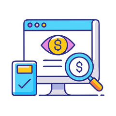Financial analysis on computer display with magnifying glass