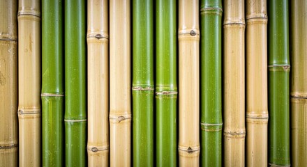 Obraz premium Bamboo Texture: A close-up shot of bamboo stalks in various shades of green and brown, offering a unique and organic texture for design projects. 
