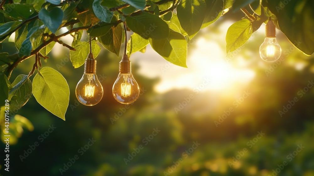 Poster glowing lightbulbs as foliage on a tree, shining against a twilight background