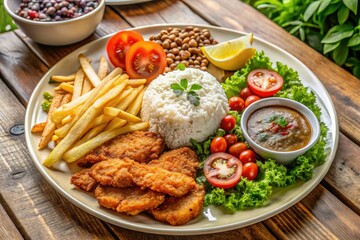 Aerial View Brazilian Executive Dish: Rice, Beans, Farofa, Fries, Chicken, Salad - Drone Photography