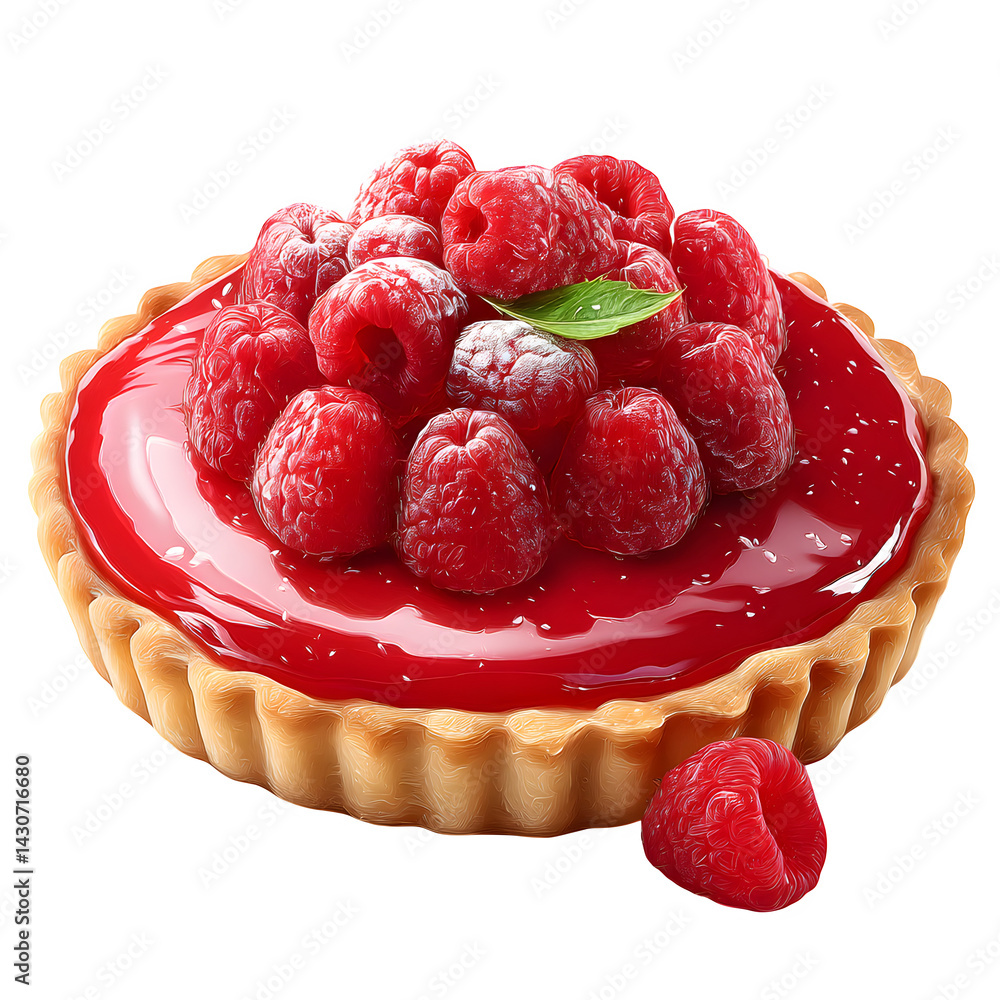 Poster raspberry tart with glossy glaze isolated on transparent background