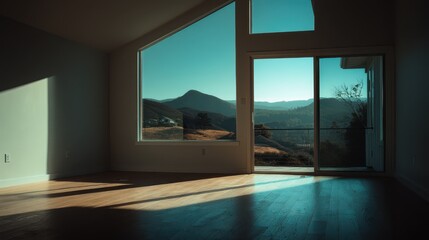 Obraz premium Bright and airy minimalist home interior features large windows that frame a stunning mountain view. Natural light floods the space, highlighting wooden flooring and clean lines