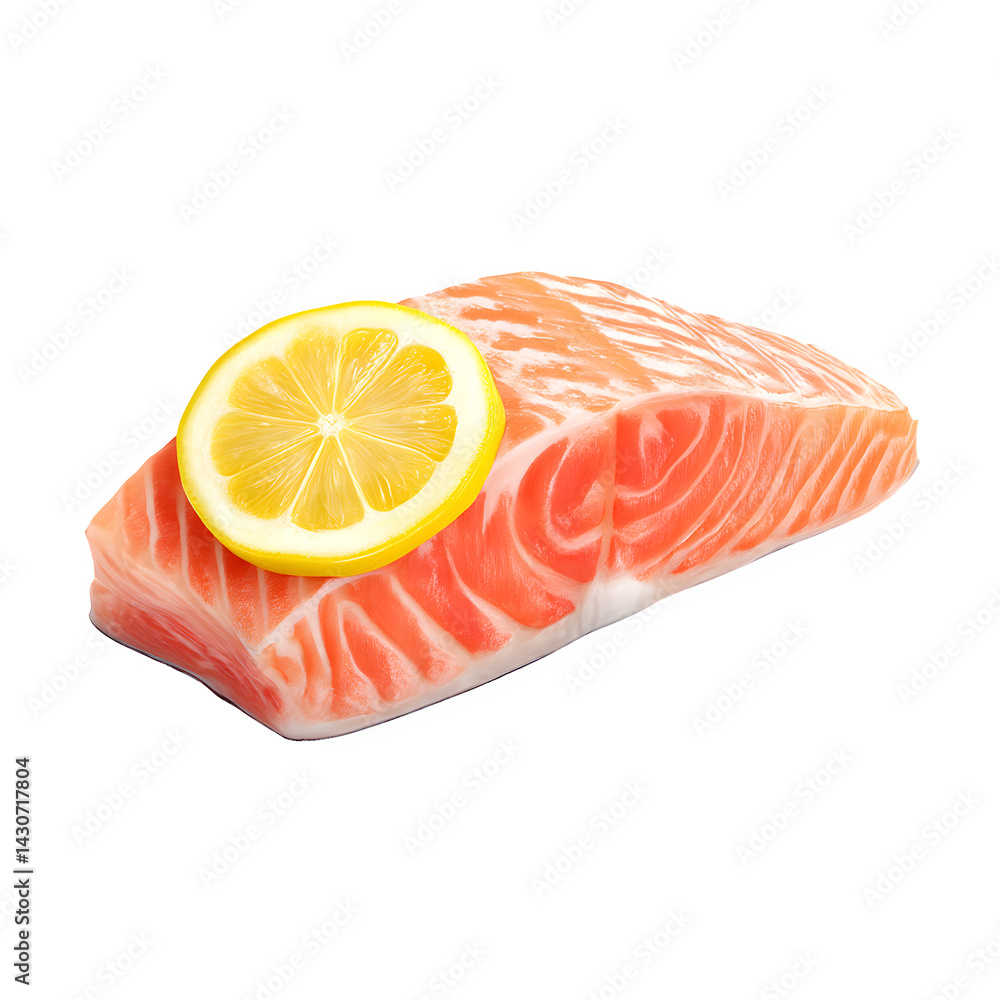 Poster salmon fillet with lemon slice isolated on transparent background
