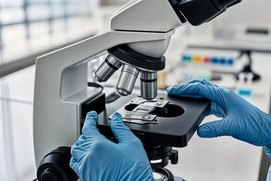 close-up laboratory microscope being operated by someone wearing blue nitrile gloves microscope appears high-quality modern compound microscope concept multiple objective lenses visible - Powered by Adobe