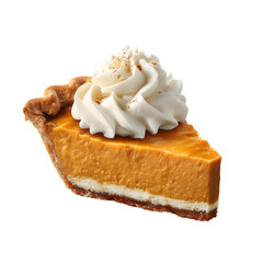Slice of pumpkin pie topped with whipped cream isolated on transparent background