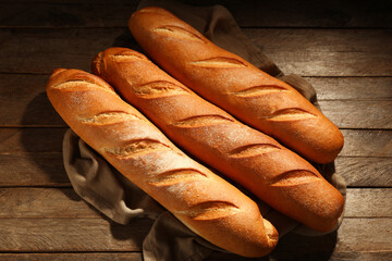 Fresh baguettes on wooden background