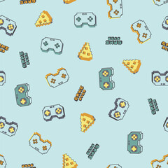 Seamless vector pattern featuring nostalgic pixel-style game controllers, pizza slices, and Game Over text