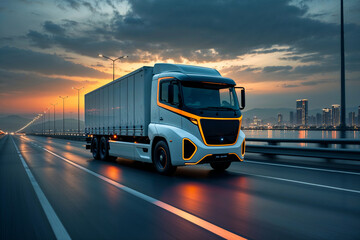 Electric truck on highway at dusk. Sustainable transport, zero-emission vehicle, future of logistics.