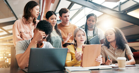 Reading, students and group with tech, university and disappointed by results on email or laptop. Education, sad and review of failed assignment, people and tablet with feedback on website in college