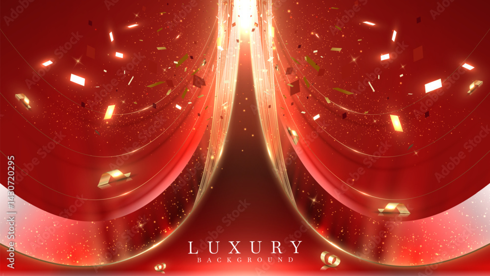 Wall mural luxury red background with sparkling light effects and bokeh with golden curves. this elegant grand 