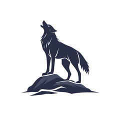 Fototapeta premium Striking silhouette of a howling wolf standing on a rock, bold black shape on a pure white background, minimal contrast design, ideal for art, logos, prints, and nature-themed compositions.