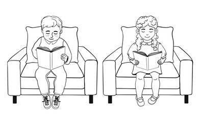 Vector Black Outline Set of Illustration of Cute Children Sitting in Armchairs Isolated on White Background