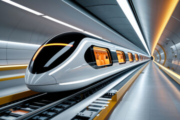 Fototapeta premium Futuristic high-speed train in a tunnel. Advanced rail technology, modern transportation, future of travel.