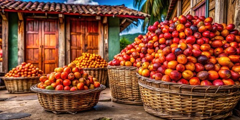 Colombian Chontaduro Harvest: Vibrant Peach Palm Fruits, Architectural Photography