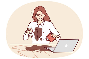 Woman spilled coffee on shirt doing office work and sitting at table with laptops and documents. Clumsy girl spilled hot drink on table due to carelessness or tiredness after long work
