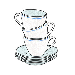 Vector Colorful Illustration of Stack of Cups with Saucers Isolated on White Background