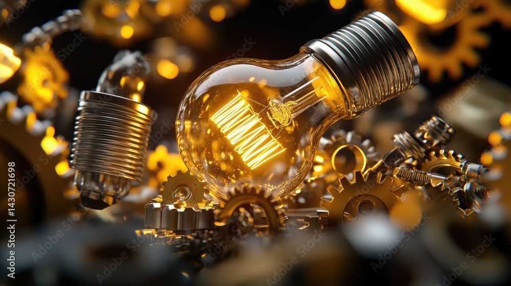 Poster Mechanical lightbulb structure with interlocking gears, glowing with a golden light